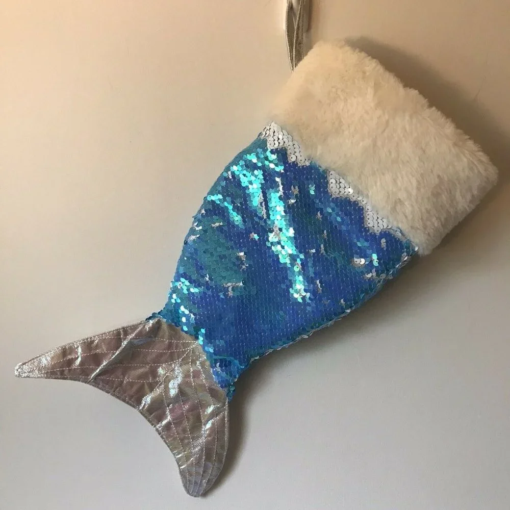 Mermaid Tail Blue Silver sequin Christmas Stocking‎ 14” fleece lined embellished